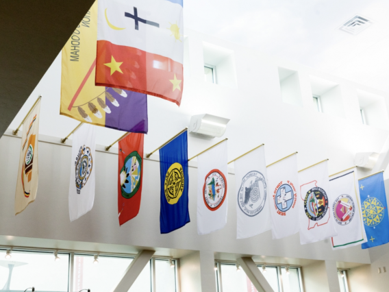 An exhibit at the Arizona BookStore at the Student Union Memorial Center features the flags of Arizona's 22 tribal nations.(photo courtesy of University of Arizona)