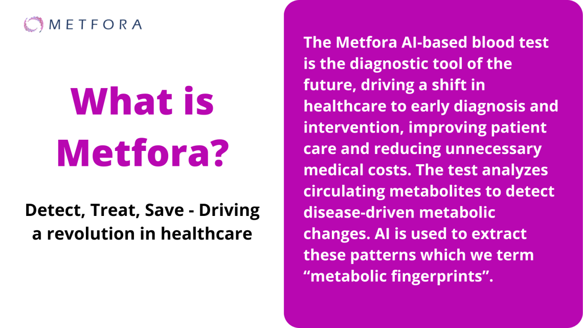 What is Metfora? Detect, Treat, Save - Driving a revolution in healthcare. The Metfora AI-based blood test is the diagnostic tool of the future, driving a shift in healthcare to early diagnosis and intervention, improving patient care and reducing unnecessary medical costs. The test analyzes circulating metabolites to detect disease-driven metabolic changes. AI is used to extract these patterns which we term “metabolic fingerprints”.