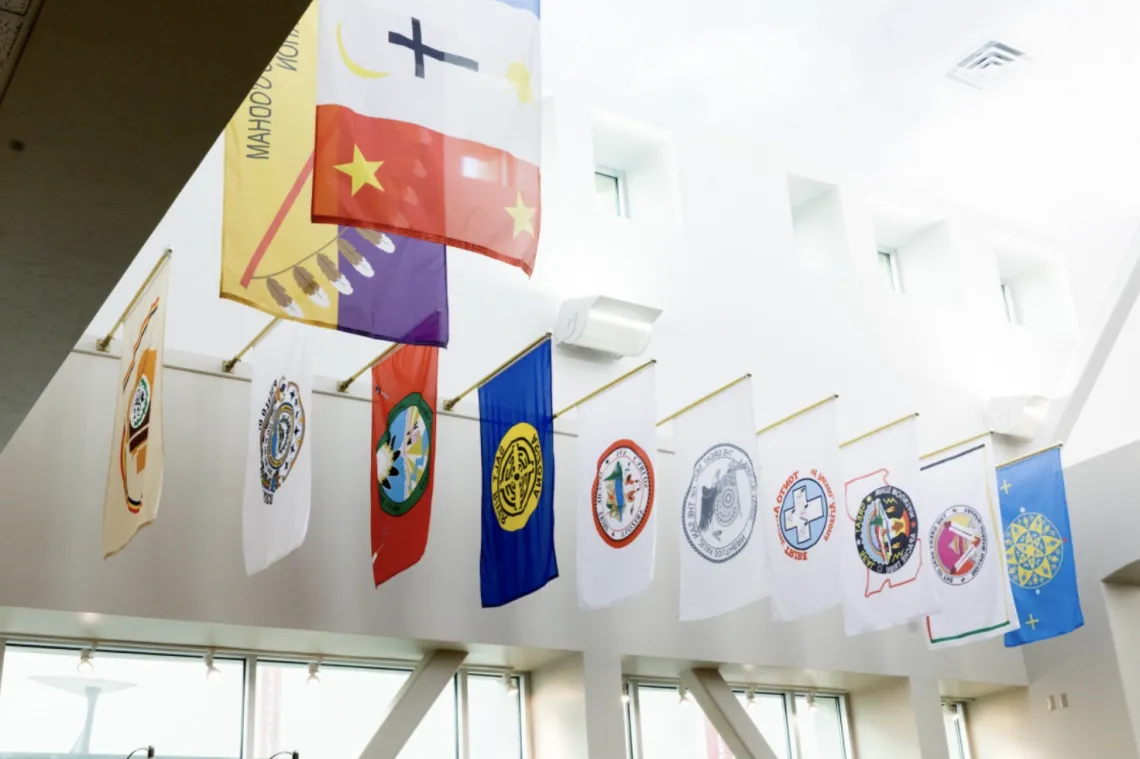 Flags lined up on a wall