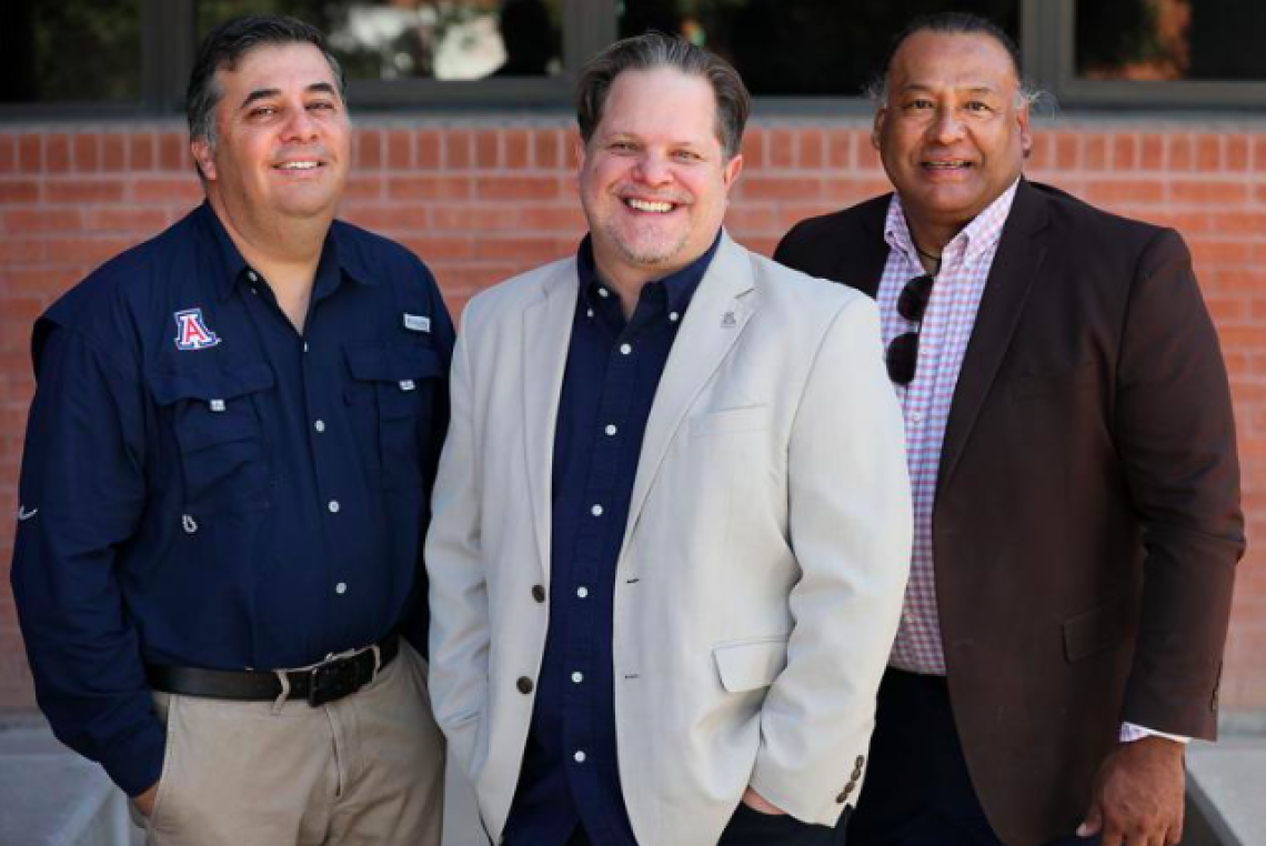 From left, Levi Esquerra, senior vice president for Native American Advancement and Tribal Engagement; FORGE founding director Brian Ellerman; and Rafael Tapia Jr., a member of the Pascua Yaqui Tribe, vice president of programs at Partnership With Native Americans and mentor in residence for Native FORGE.