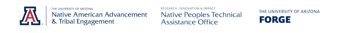 Native American Advancement and Tribal Engagement logo, Native Peoples Technical Assistance Office logo, University of Arizona FORGE logo