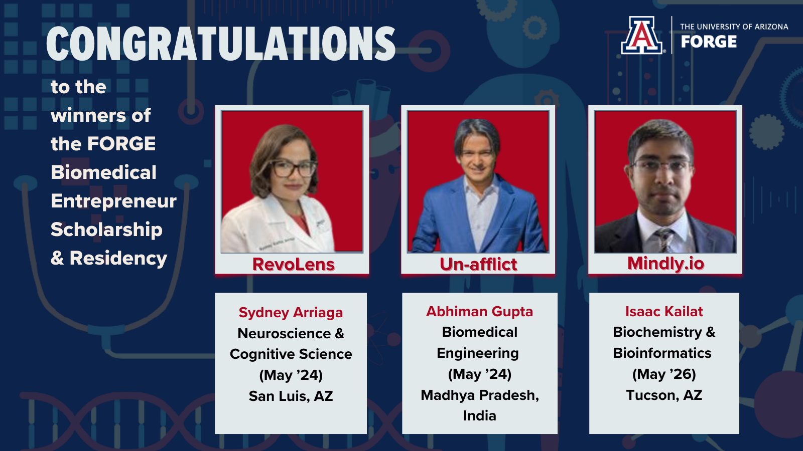 Winners of FORGE Biomedical Scholarship Sydney Arriaga, Abhiman Gupta and Isaac Kailat 